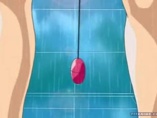 Skaistas maz anime cat jauns dāma ar stupendous titties lugas ar a vibrātors uz the duša un sūkā liels kāts
